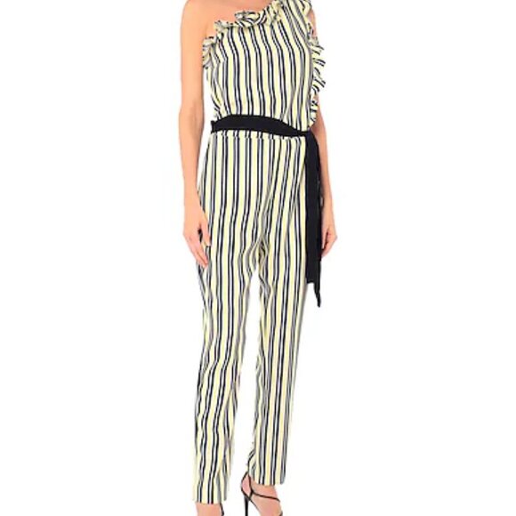 Liu Jo NWT Women's 8 Yellow & Black Stripes One Shoulder Jumpsuit Made in Italy - Picture 1 of 10
